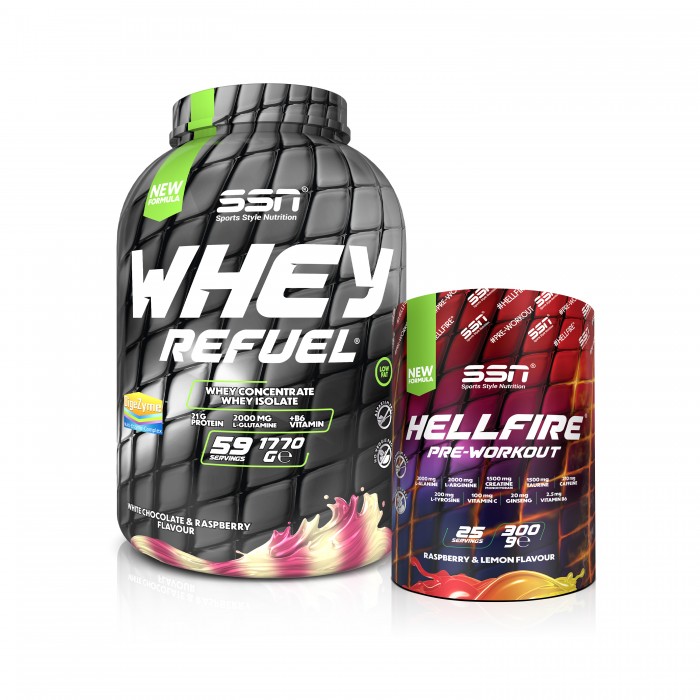 Refuel Kombinasyonu 6 ( SSN Whey Refuel Beyaz Çikolata Ahududu + SSN Hellfire Preworkout 300gr )